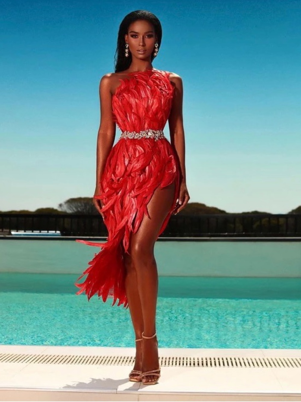 Red Feather-Detail One-Shoulder Cocktail Dress